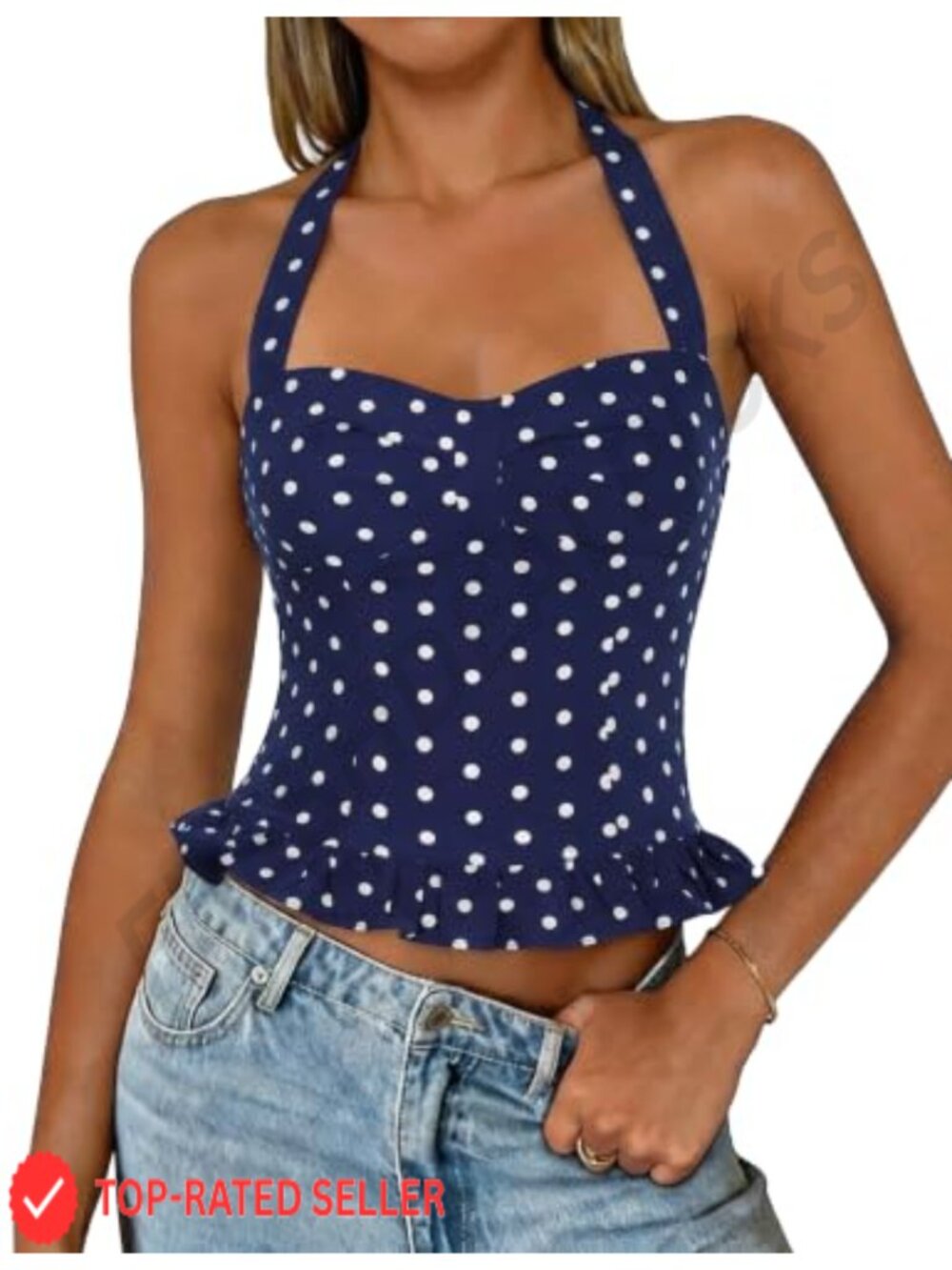 FOMELY Women Polka Dot Halter Top Tie Backless Crop Y2K Streetwear